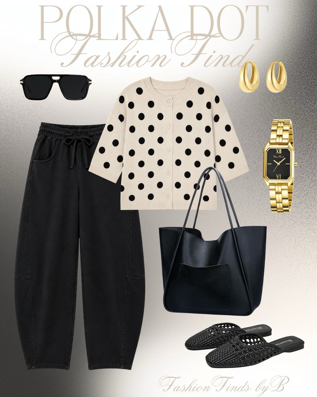 A Polka-Dot Cardigan with Black Trousers for Graphic Balance