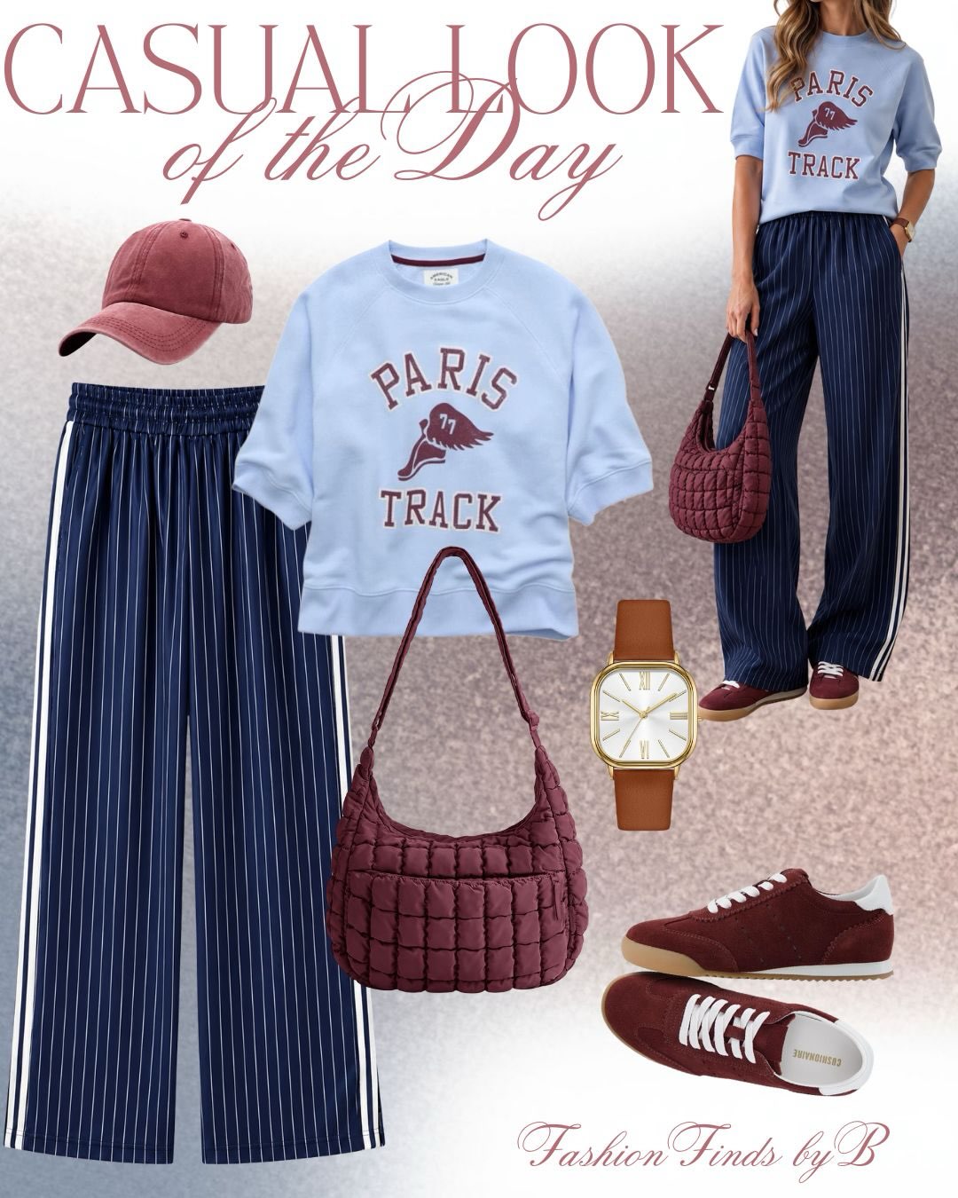 A Light Blue Sweatshirt with Pinstripe Pants for Sporty Casual Style