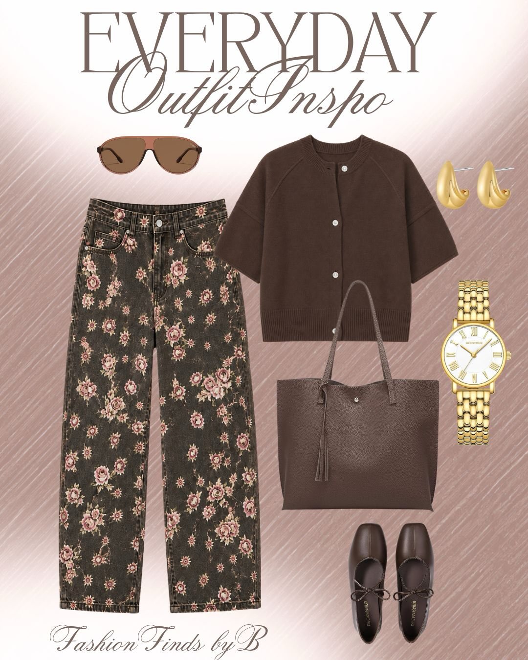 A Brown Knit with Floral Trousers for Warm Everyday Contrast