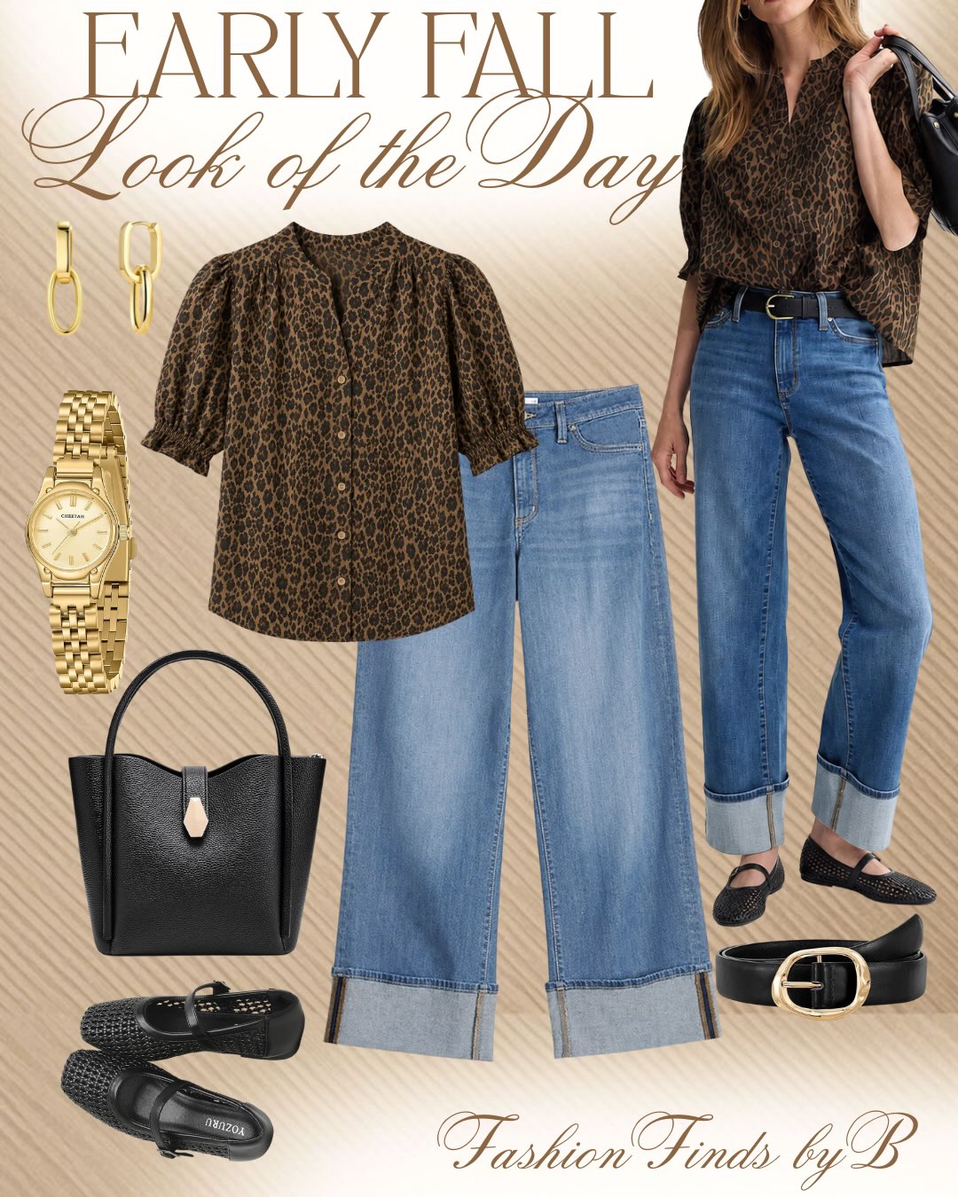 A Leopard Blouse with Cuffed Jeans for Early Fall Dressing